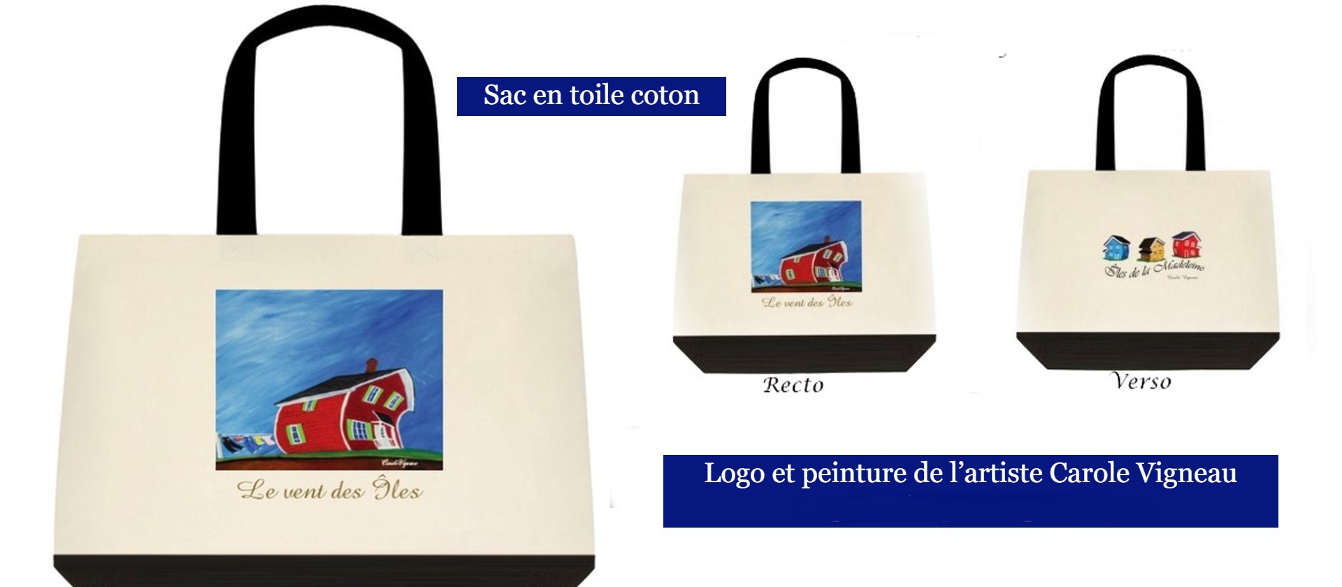 Un remarquable sac imprimé avec logos des maisons inspirées par le vent des Îles-de-la-Madeleine.